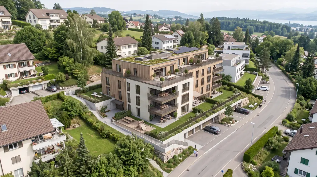 Luftbild eines Wohnquartiers an einem Schweizer Hang