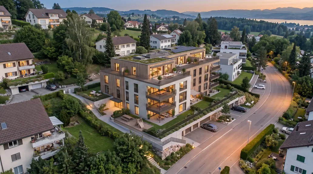 Das Quartier in der Abenddämmerung